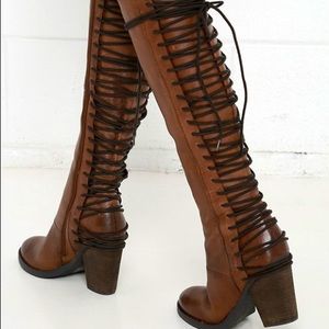leather heeled lace up back knee high boots